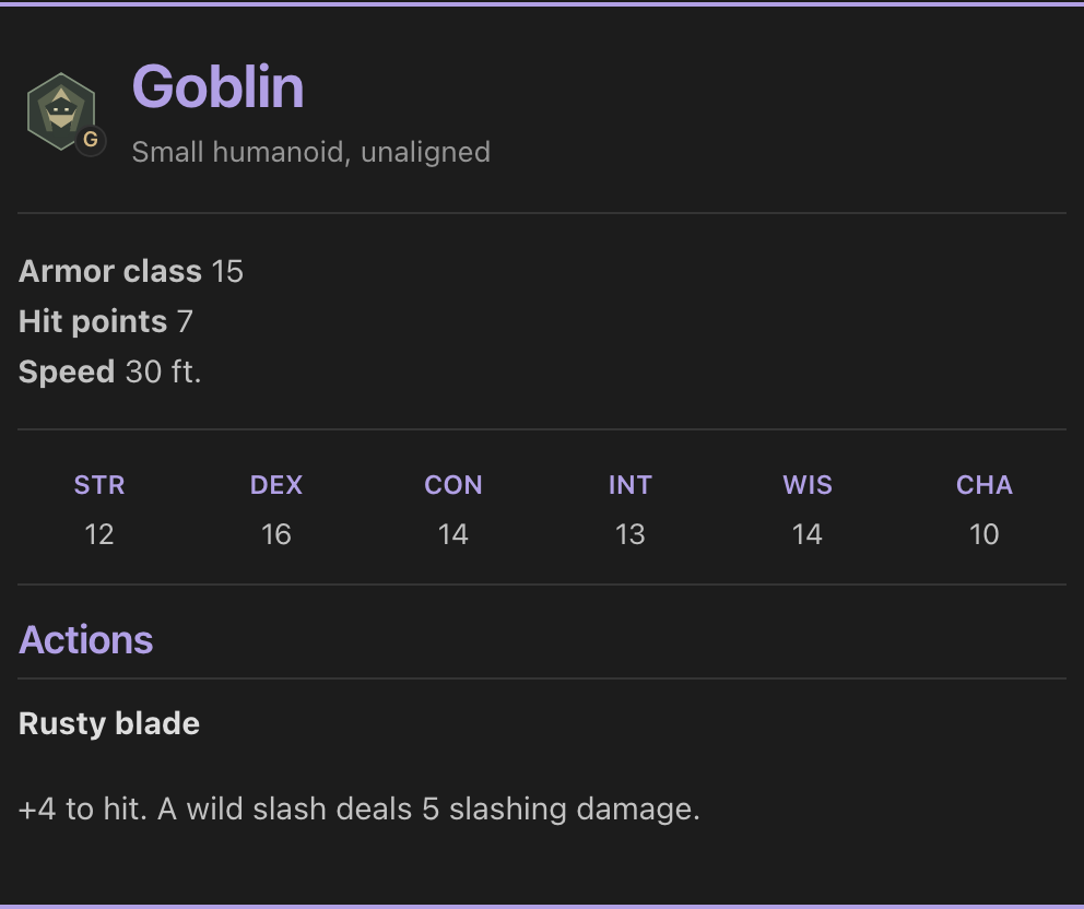 A Goblin creature block with armor class, hit points, six abilities, and its Rusty blade action.
