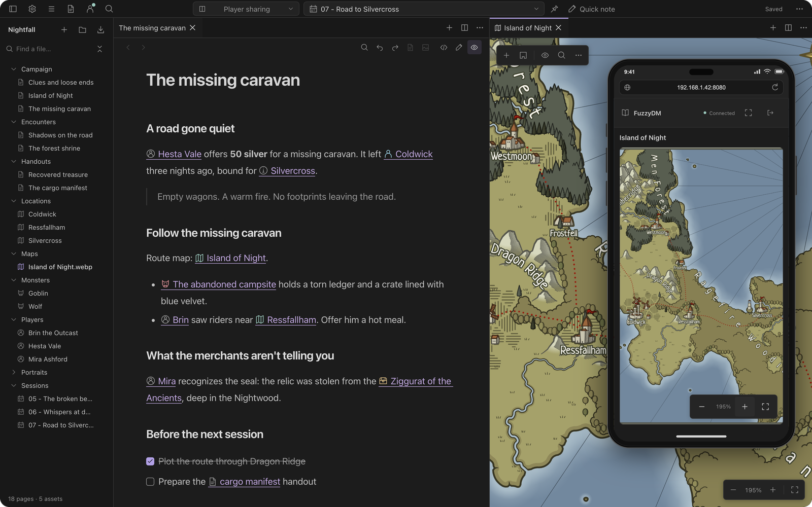 The Game Master workspace with a phone showing the shared Island of Night map in a connected player browser.