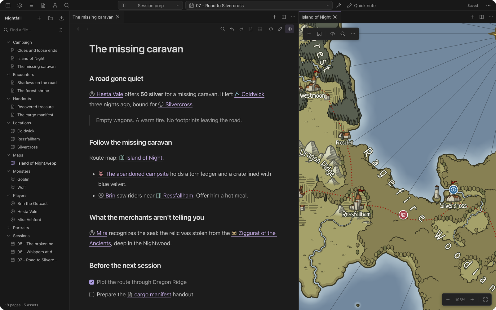 FuzzyDM with a campaign file tree, linked adventure notes, and a zoomed Island of Night map with encounter markers.