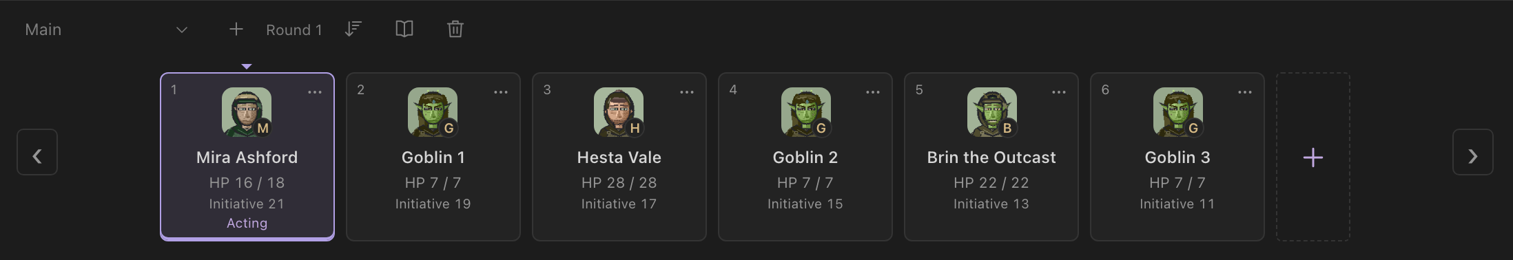 The initiative pane with player and goblin portraits, initiative scores, hit points, and Mira's active turn.