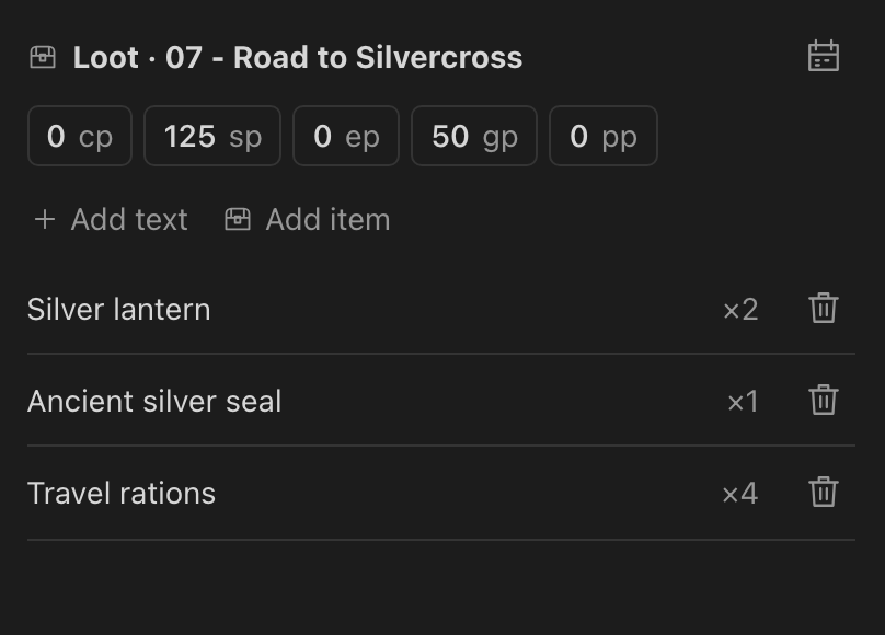 Session loot with silver and gold, two lanterns, an ancient seal, and four travel rations.