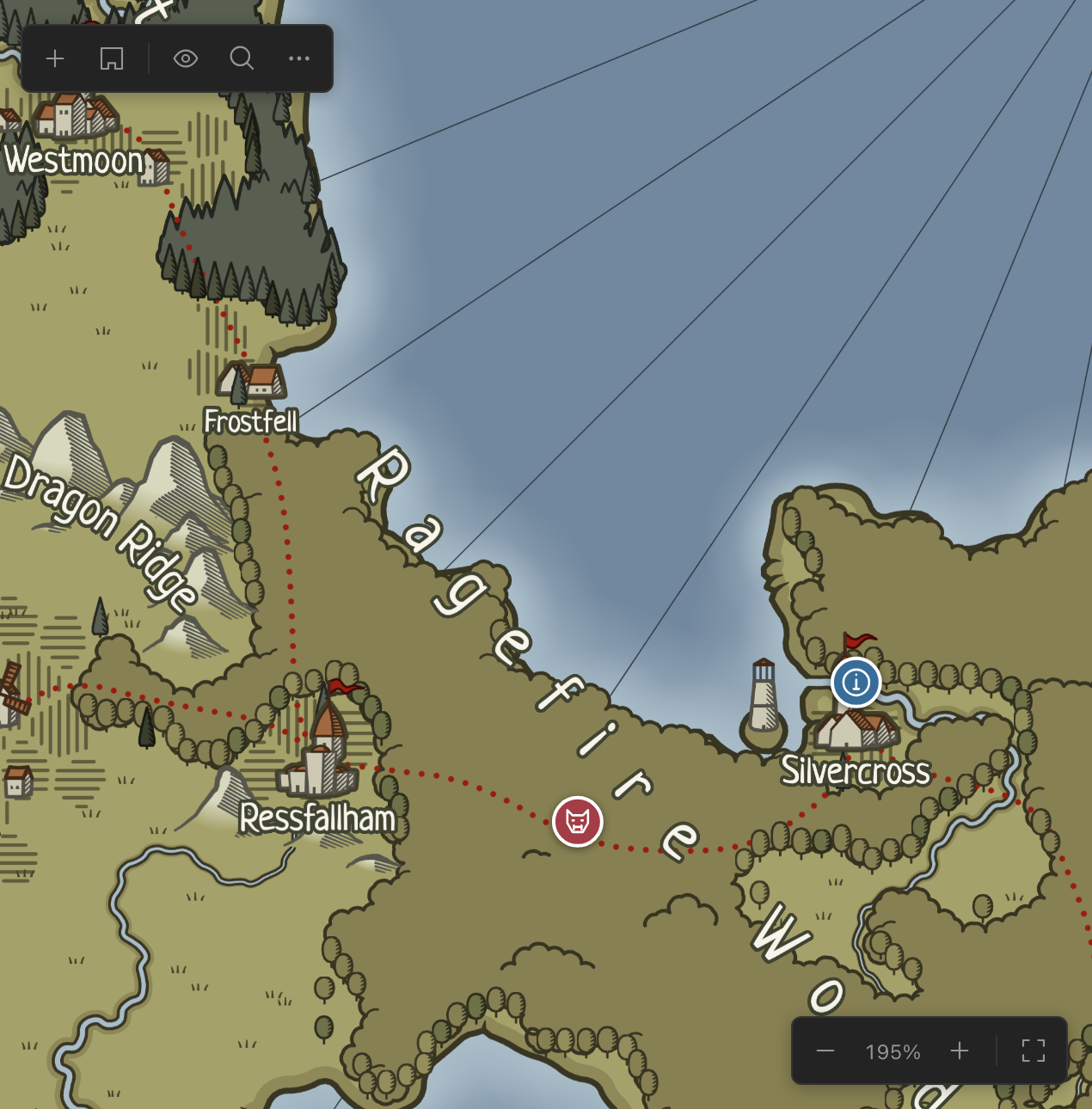 An isolated map pane showing Island of Night with linked encounter and location markers.