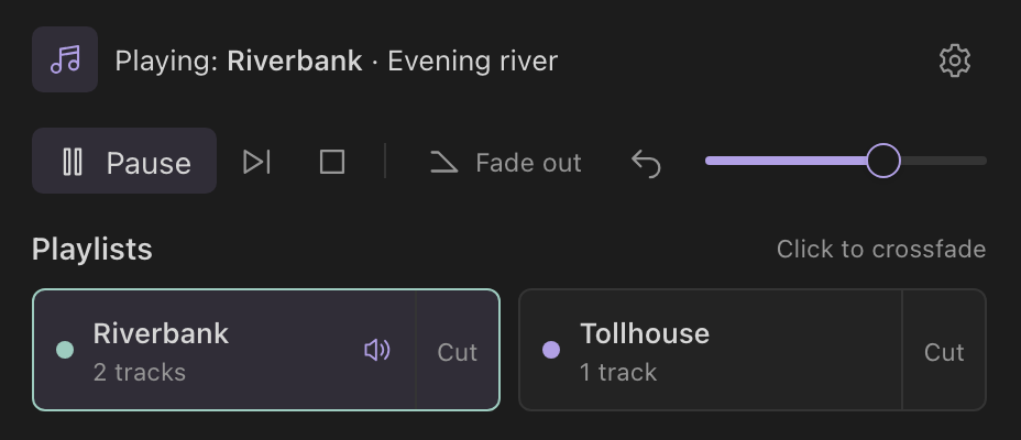 The music pane playing Riverbank with playback controls, volume, and two scene playlists.