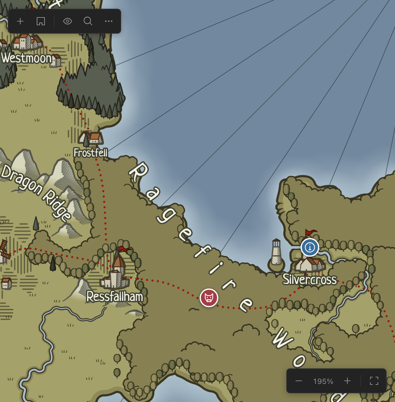The Game Master's map with private encounter and contact markers.