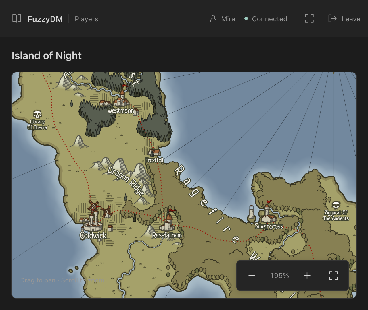 Mira's connected player browser showing the same map without the Game Master's private markers.