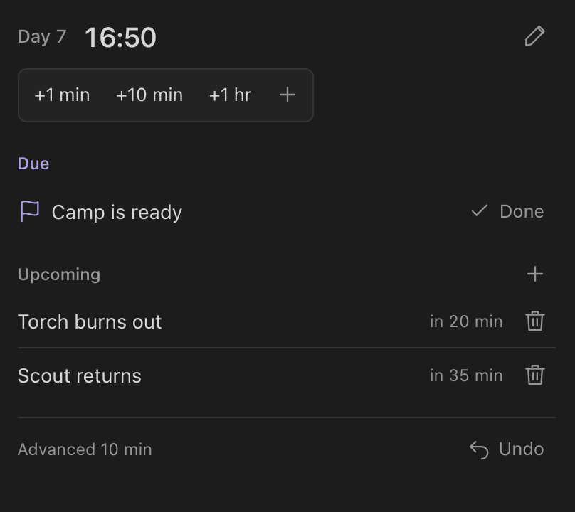Day 7 at 16:50 with a due camp reminder and upcoming torch and scout reminders.